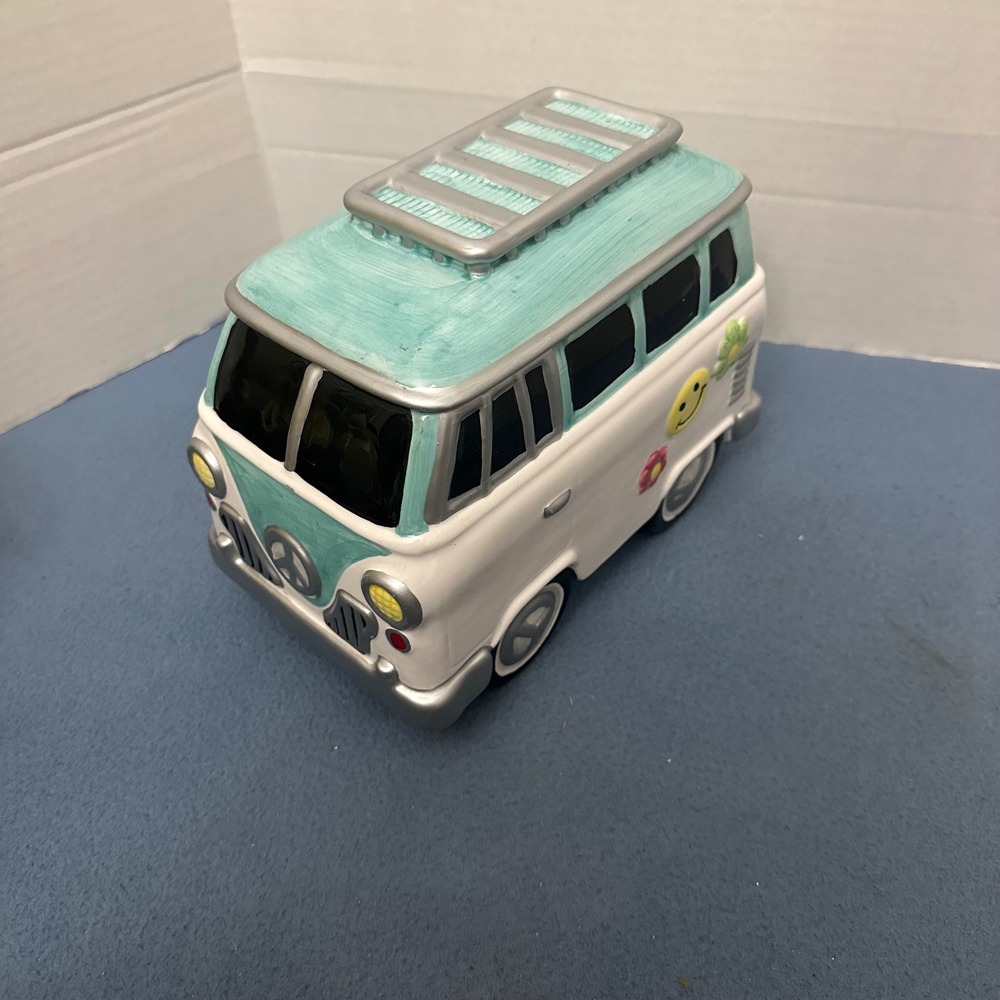Lotus VW Bus Cookie Jar Ceramic Vintage Hippie Van Peace Sign Flower Power Teal